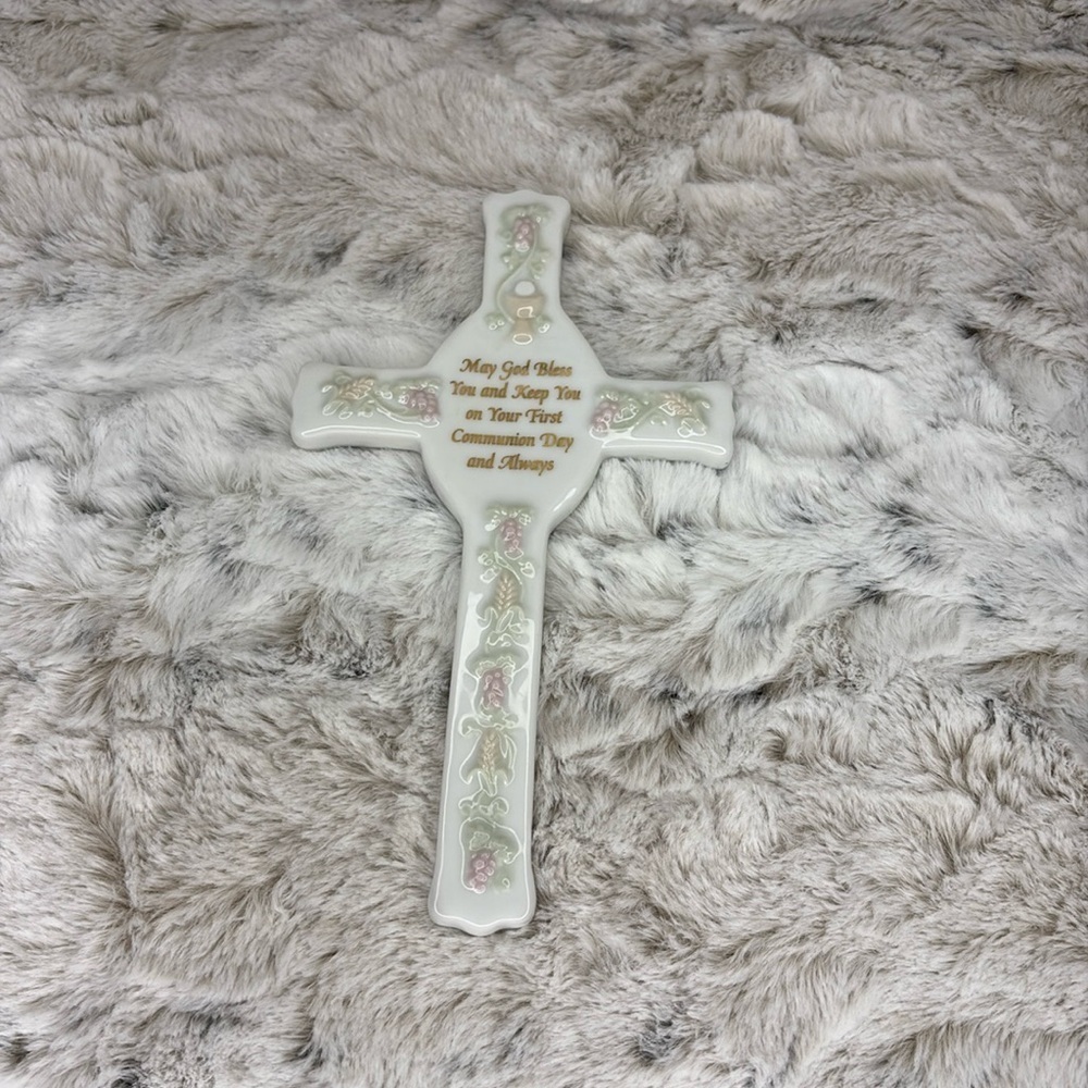 Vintage "First Communion" Ceramic Cross to Hang by Romans, Inc